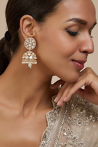 Rose Gold Finish Kundan Polki & American Diamond Jhumka Earrings by Gehna Shop