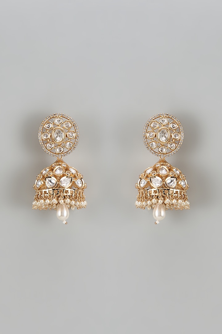 Rose Gold Finish Kundan Polki & American Diamond Jhumka Earrings by Gehna Shop at Pernia's Pop Up Shop