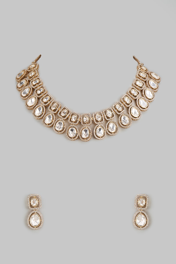 Rose Gold Finish Kundan Polki & Zircon Necklace Set by Gehna Shop at Pernia's Pop Up Shop