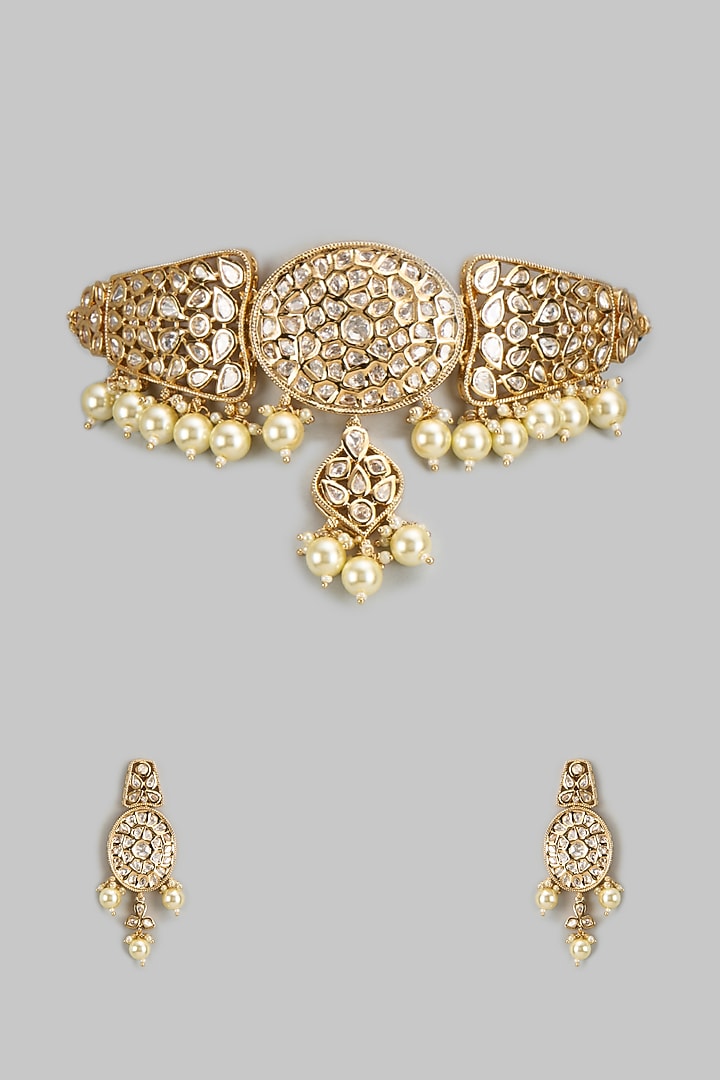 Rose Gold Finish Kundan Polki & American Diamond Choker Necklace Set by Gehna Shop at Pernia's Pop Up Shop