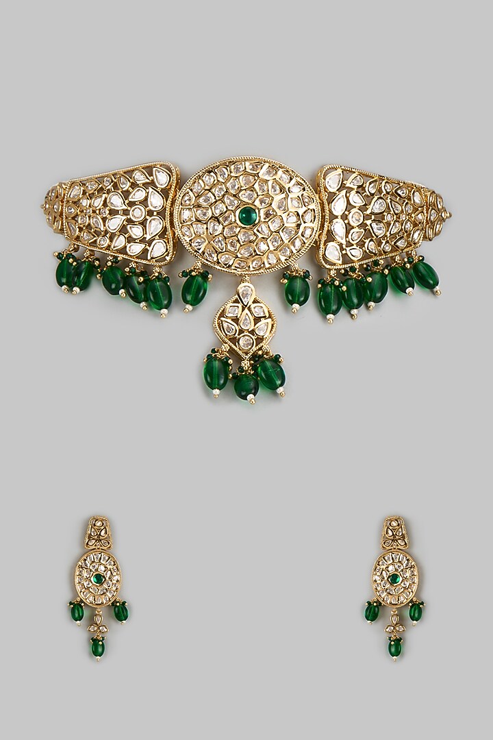 Rose Gold Finish Kundan Polki & American Diamond Choker Necklace Set by Gehna Shop at Pernia's Pop Up Shop