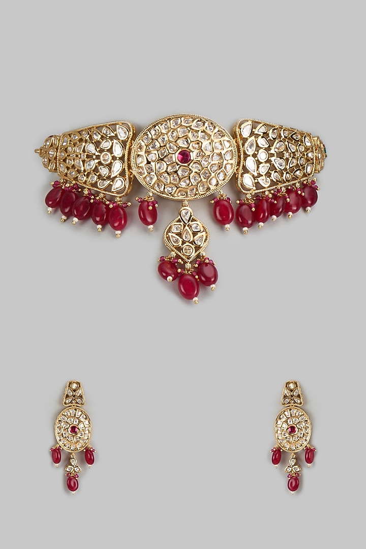 Rose Gold Finish Kundan Polki & American Diamond Choker Necklace Set by Gehna Shop at Pernia's Pop Up Shop