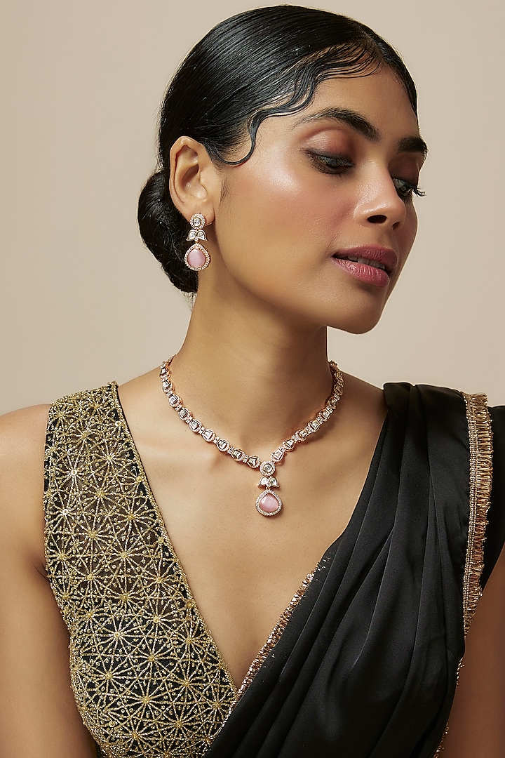 Rose Gold Finish Kundan Polki & American Diamond Necklace Set by Gehna Shop
