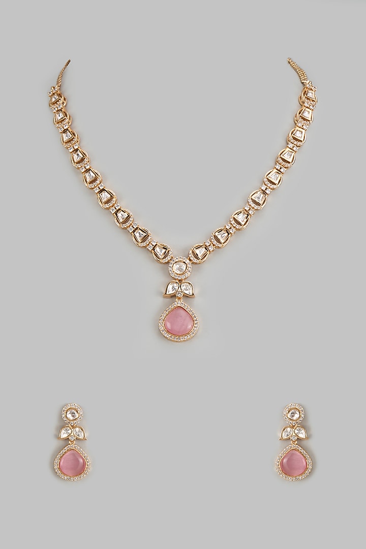 Rose Gold Finish Kundan Polki & American Diamond Necklace Set by Gehna Shop at Pernia's Pop Up Shop