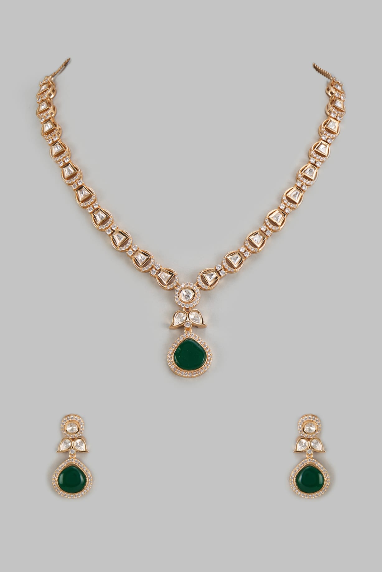 Rose Gold Finish Kundan Polki American Diamond Necklace Set by