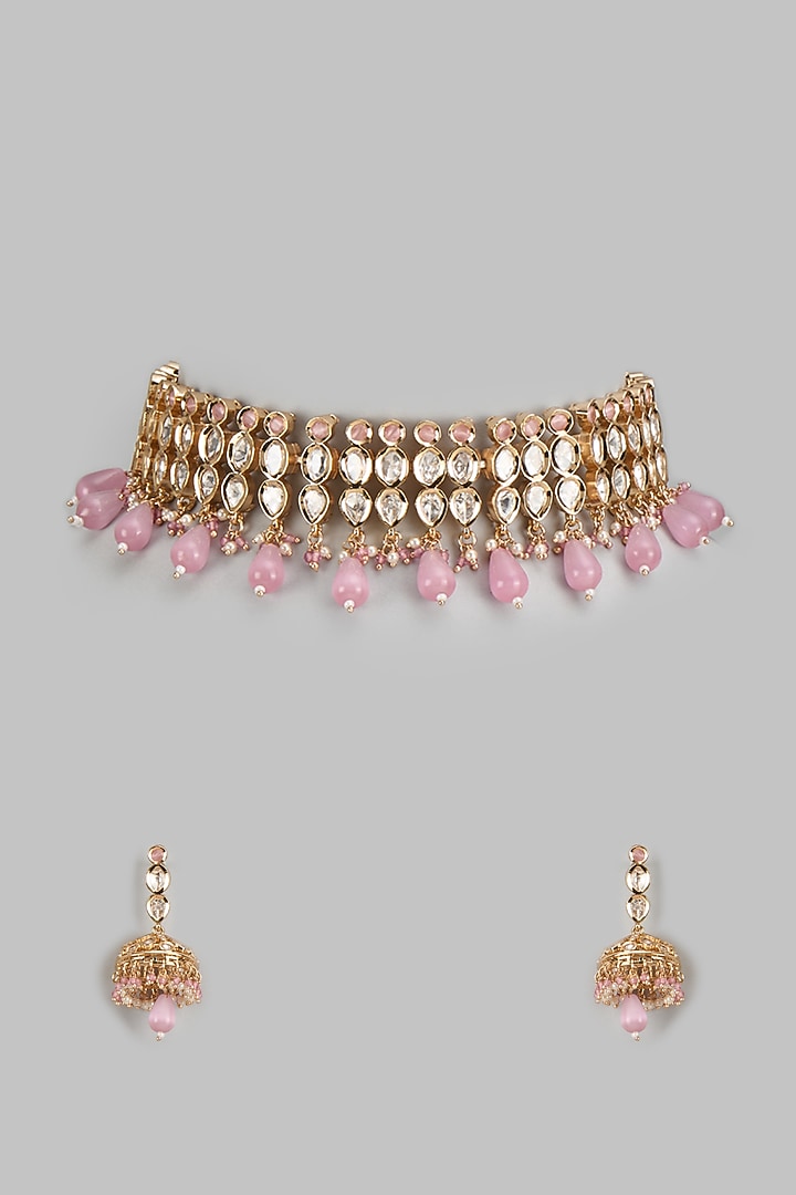 Rose Gold Finish Kundan Polki Choker Necklace Set by Gehna Shop at Pernia's Pop Up Shop