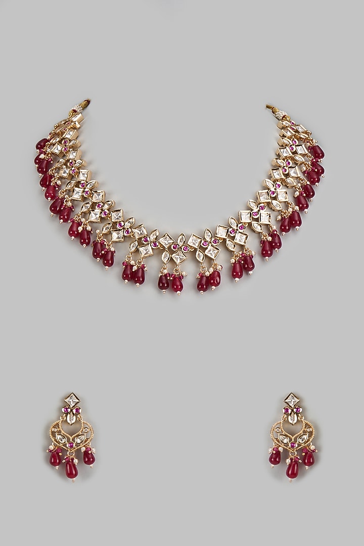 Gold Finish Kundan Polki Black Necklace Set With Beads, Stones, And Pearls main image 0