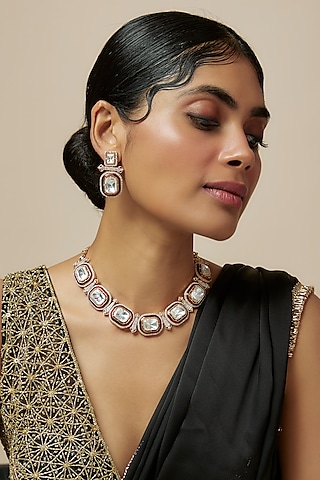 Rose Gold Finish Kundan Polki & Cubic Zirconia Meenakari Necklace Set by Gehna Shop