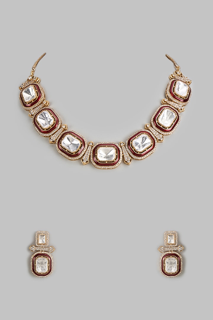 Rose Gold Finish Kundan Polki & Cubic Zirconia Meenakari Necklace Set by Gehna Shop at Pernia's Pop Up Shop