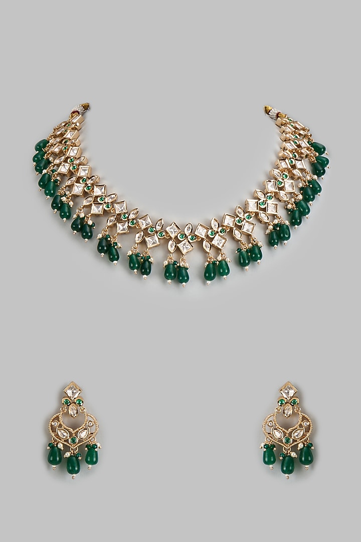 Rose Gold Finish Kundan Polki & Green Stone Necklace Set by Gehna Shop at Pernia's Pop Up Shop
