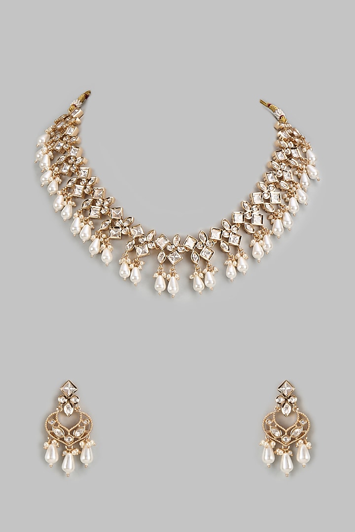 Rose Gold Finish Kundan Polki Necklace Set by Gehna Shop at Pernia's Pop Up Shop