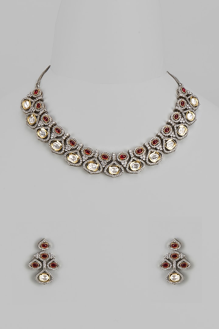 Rose Gold Finish Kundan Polki & Zircon Necklace Set by Gehna Shop at Pernia's Pop Up Shop