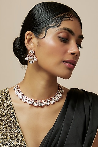 Rose Gold Finish Kundan Polki & Zircon Necklace Set by Gehna Shop