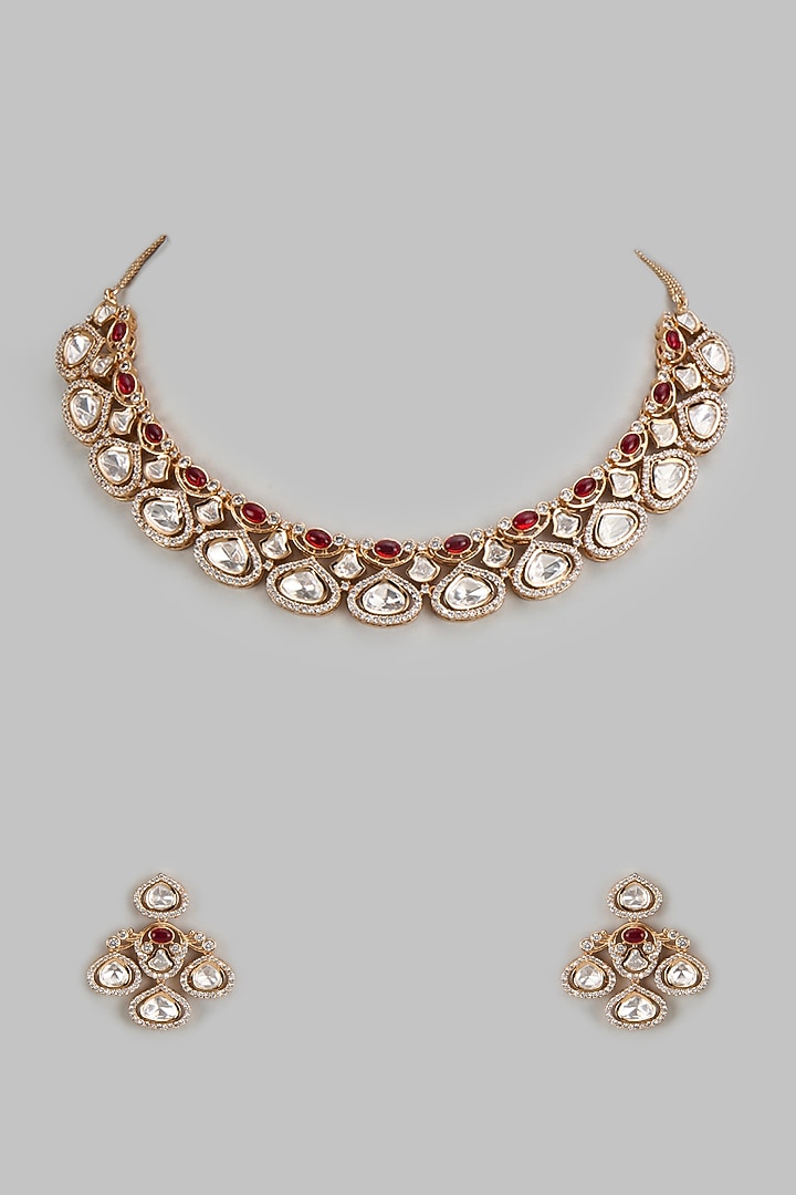 Rose Gold Finish Kundan Polki & Zircon Necklace Set by Gehna Shop at Pernia's Pop Up Shop