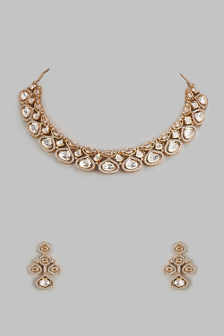 Rose Gold Finish Kundan Polki & Zircon Necklace Set by Gehna Shop at Pernia's Pop Up Shop