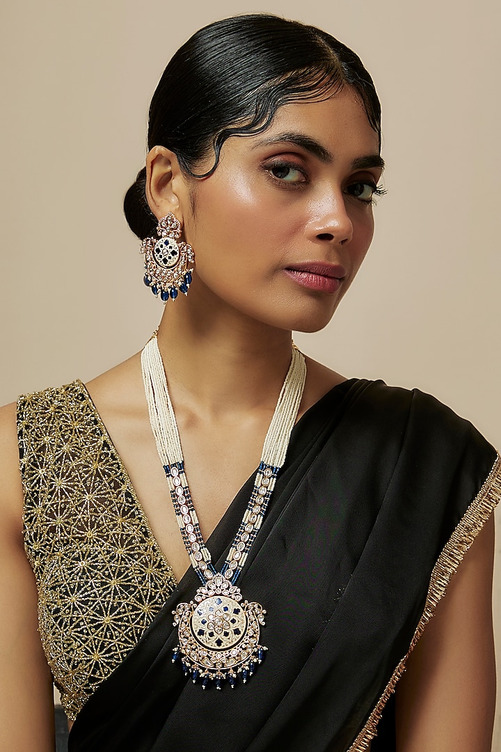 Gold Finish Kundan Polki & Handcrafted Pearl Long Necklace Set by Gehna Shop