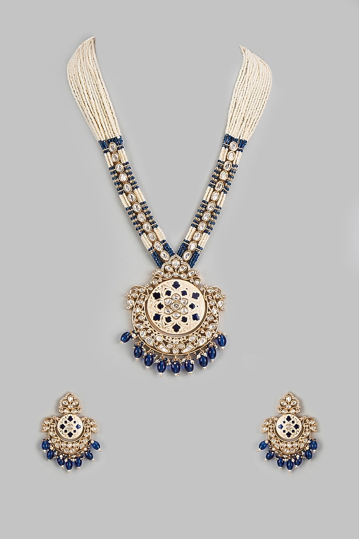 Gold Finish Kundan Polki & Handcrafted Pearl Long Necklace Set by Gehna Shop at Pernia's Pop Up Shop