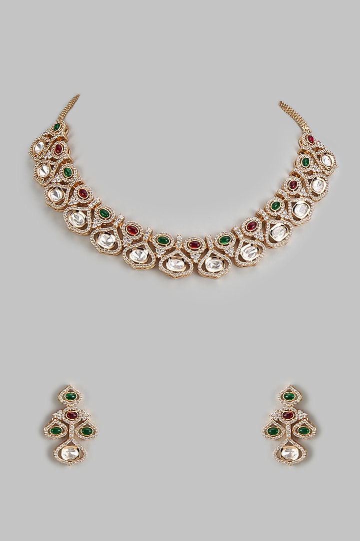Rose Gold Finish Kundan Polki & Zircon Necklace Set by Gehna Shop at Pernia's Pop Up Shop