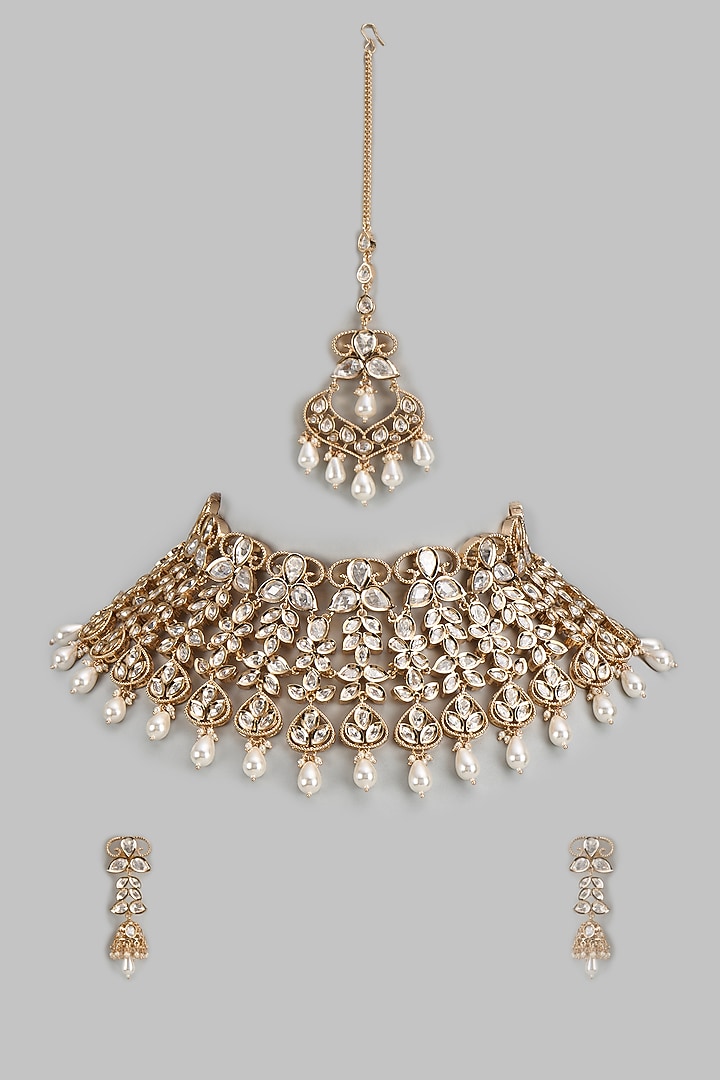 Rose Gold Finish Kundan Polki Choker Necklace Set by Gehna Shop at Pernia's Pop Up Shop