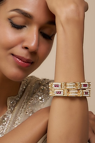Rose Gold Finish Kundan Polki Square Bangles (Set of 2) by Gehna Shop