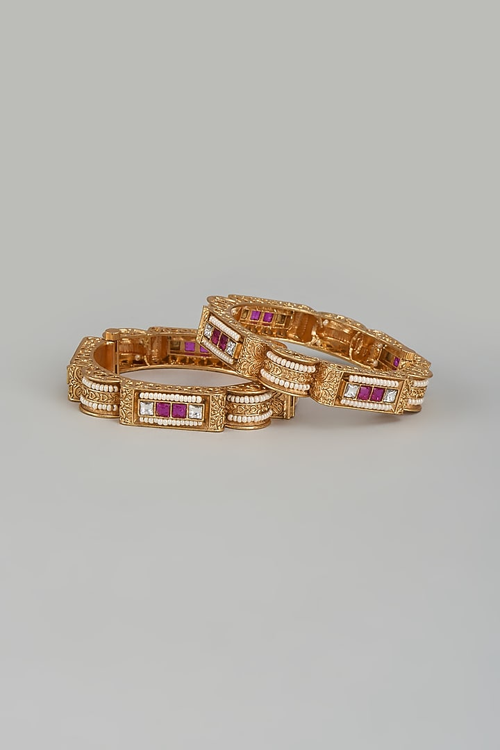 Rose Gold Finish Kundan Polki Square Bangles (Set of 2) by Gehna Shop at Pernia's Pop Up Shop