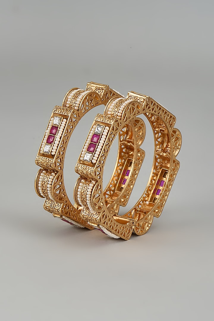 Rose Gold Finish Kundan Polki Square Bangles (Set of 2) by Gehna Shop at Pernia's Pop Up Shop