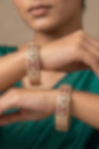 Rose Gold Finish Kundan Polki & Ruby Stone Bangles (Set Of 2) by Gehna Shop at Pernia's Pop Up Shop