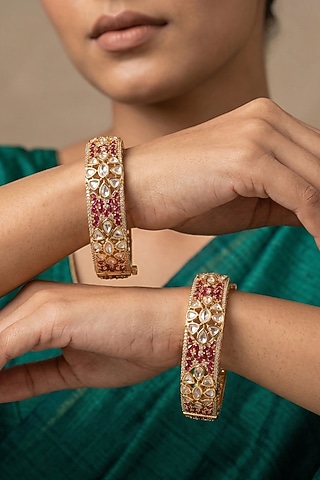 Rose Gold Finish Kundan Polki & Ruby Stone Bangles (Set Of 2) by Gehna Shop