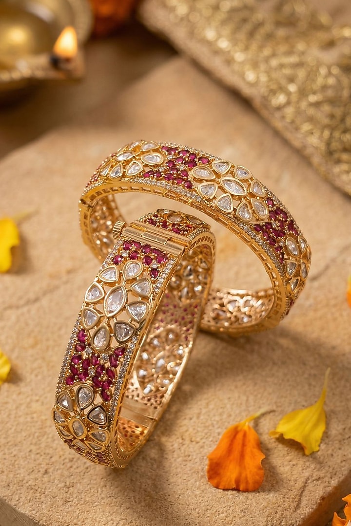 Rose Gold Finish Kundan Polki & Ruby Stone Bangles (Set Of 2) by Gehna Shop at Pernia's Pop Up Shop