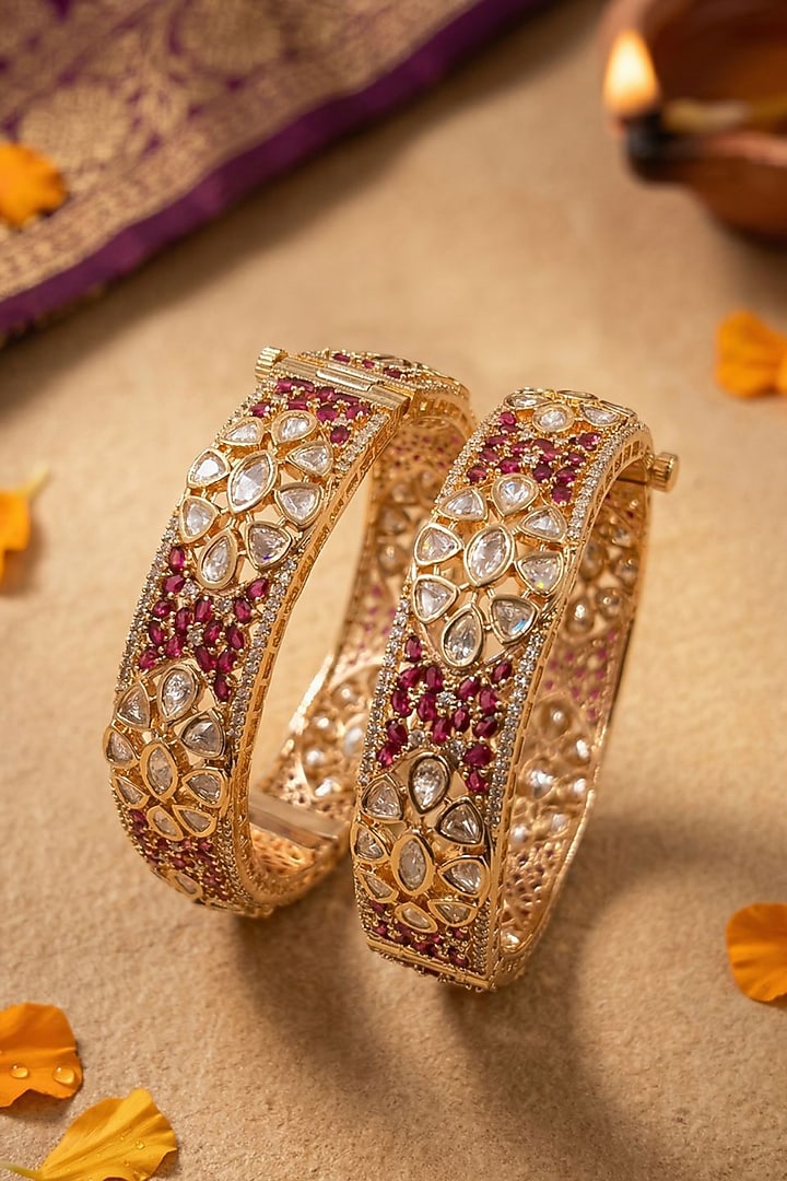 Rose Gold Finish Kundan Polki & Ruby Stone Bangles (Set Of 2) by Gehna Shop at Pernia's Pop Up Shop