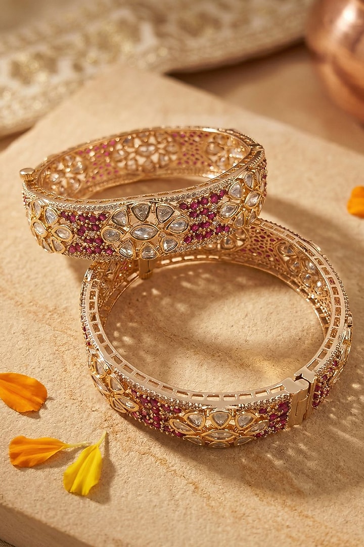 Rose Gold Finish Kundan Polki & Ruby Stone Bangles (Set Of 2) by Gehna Shop at Pernia's Pop Up Shop