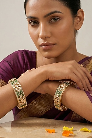 Rose Gold Finish Kundan Polki & Ruby Stone Bangles (Set Of 2) by Gehna Shop