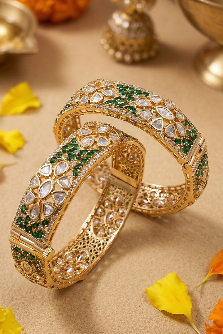 Rose Gold Finish Kundan Polki & Ruby Stone Bangles (Set Of 2) by Gehna Shop at Pernia's Pop Up Shop