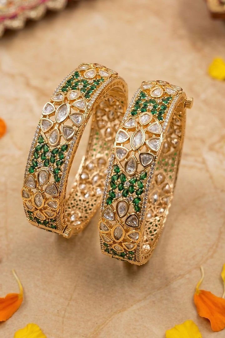 Rose Gold Finish Kundan Polki & Ruby Stone Bangles (Set Of 2) by Gehna Shop at Pernia's Pop Up Shop