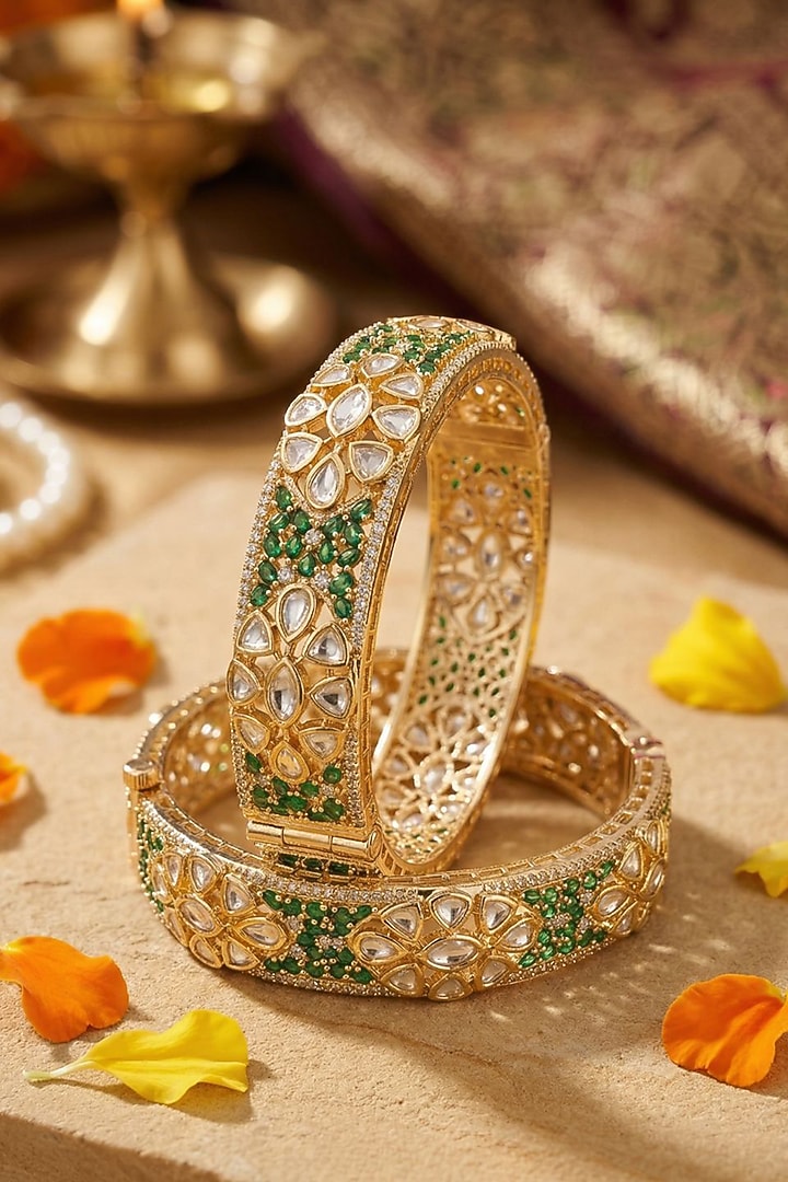 Rose Gold Finish Kundan Polki & Ruby Stone Bangles (Set Of 2) by Gehna Shop at Pernia's Pop Up Shop
