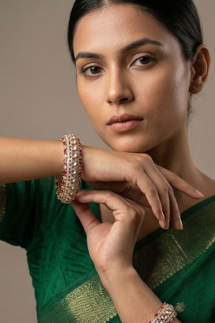 Rose Gold Finish Kundan Polki & Emerald Stone Bangles (Set Of 2) by Gehna Shop at Pernia's Pop Up Shop
