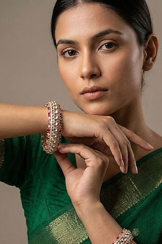 Rose Gold Finish Kundan Polki & Emerald Stone Bangles (Set Of 2) by Gehna Shop