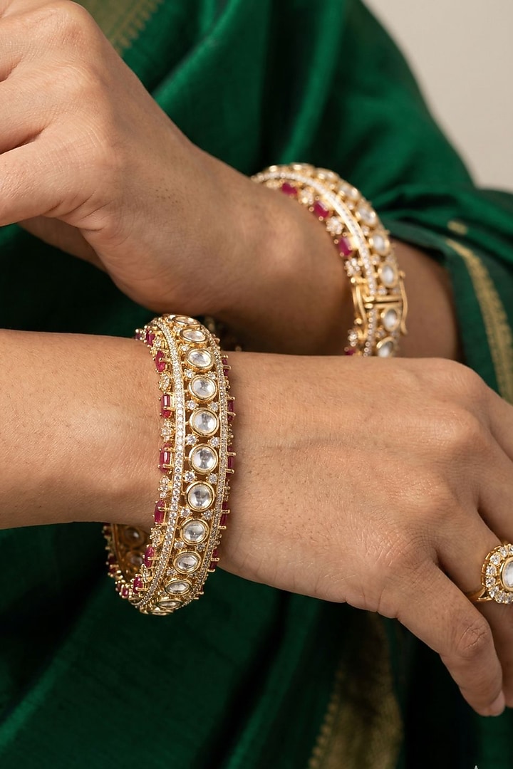 Rose Gold Finish Kundan Polki & Emerald Stone Bangles (Set Of 2) by Gehna Shop at Pernia's Pop Up Shop
