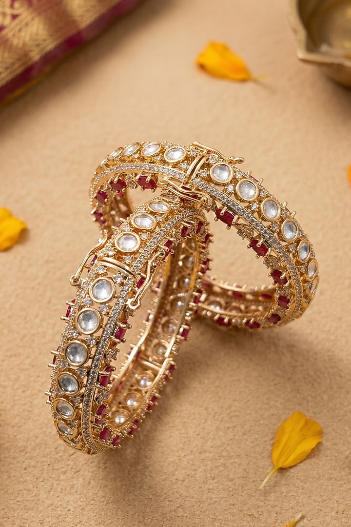 Rose Gold Finish Kundan Polki & Emerald Stone Bangles (Set Of 2) by Gehna Shop at Pernia's Pop Up Shop