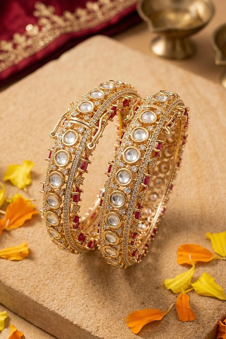 Rose Gold Finish Kundan Polki & Emerald Stone Bangles (Set Of 2) by Gehna Shop at Pernia's Pop Up Shop