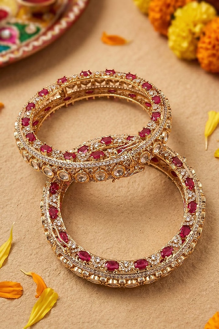 Rose Gold Finish Kundan Polki & Emerald Stone Bangles (Set Of 2) by Gehna Shop at Pernia's Pop Up Shop