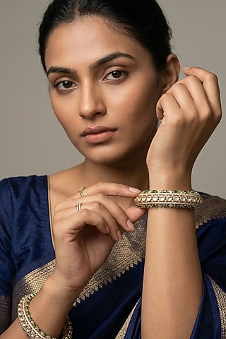 Rose Gold Finish Kundan Polki & Emerald Stone Bangles (Set Of 2) by Gehna Shop