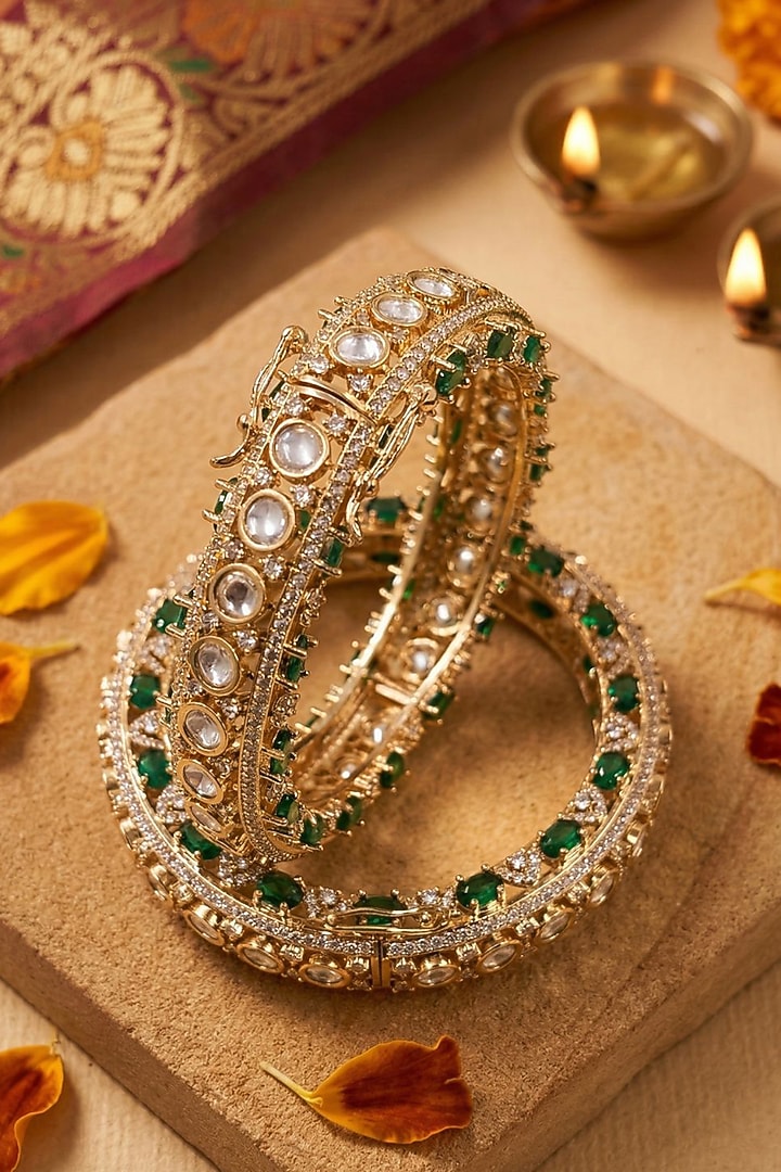 Rose Gold Finish Kundan Polki & Emerald Stone Bangles (Set Of 2) by Gehna Shop at Pernia's Pop Up Shop