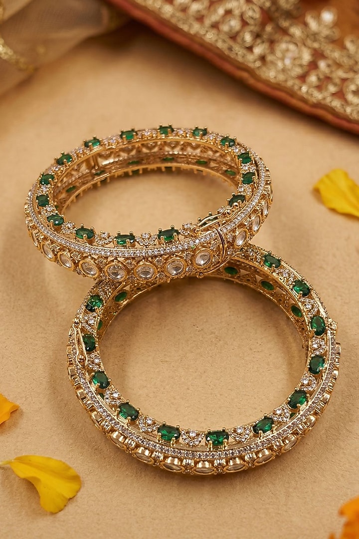 Rose Gold Finish Kundan Polki & Emerald Stone Bangles (Set Of 2) by Gehna Shop at Pernia's Pop Up Shop