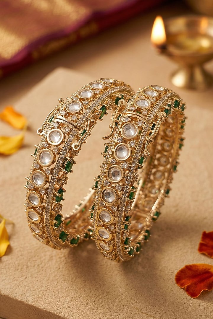 Rose Gold Finish Kundan Polki & Emerald Stone Bangles (Set Of 2) by Gehna Shop at Pernia's Pop Up Shop