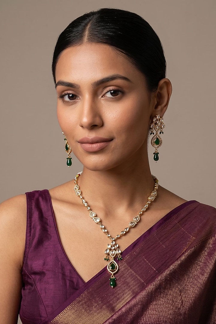 Gold Finish Kundan Polki & Emerald Stone Necklace Set by Gehna Shop at Pernia's Pop Up Shop