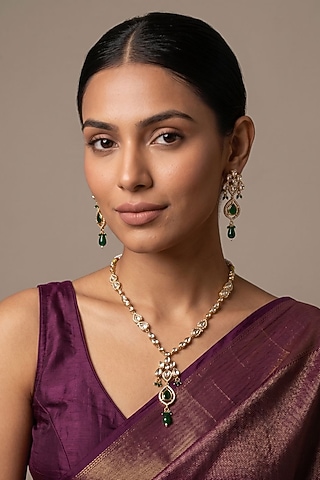 Gold Finish Kundan Polki & Emerald Stone Necklace Set by IndieBlingz