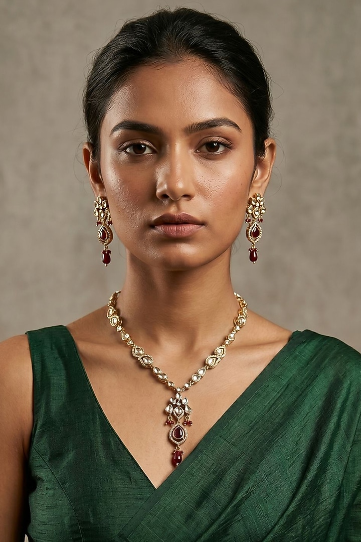Gold Finish Kundan Polki & Ruby Stone Necklace Set by Gehna Shop at Pernia's Pop Up Shop