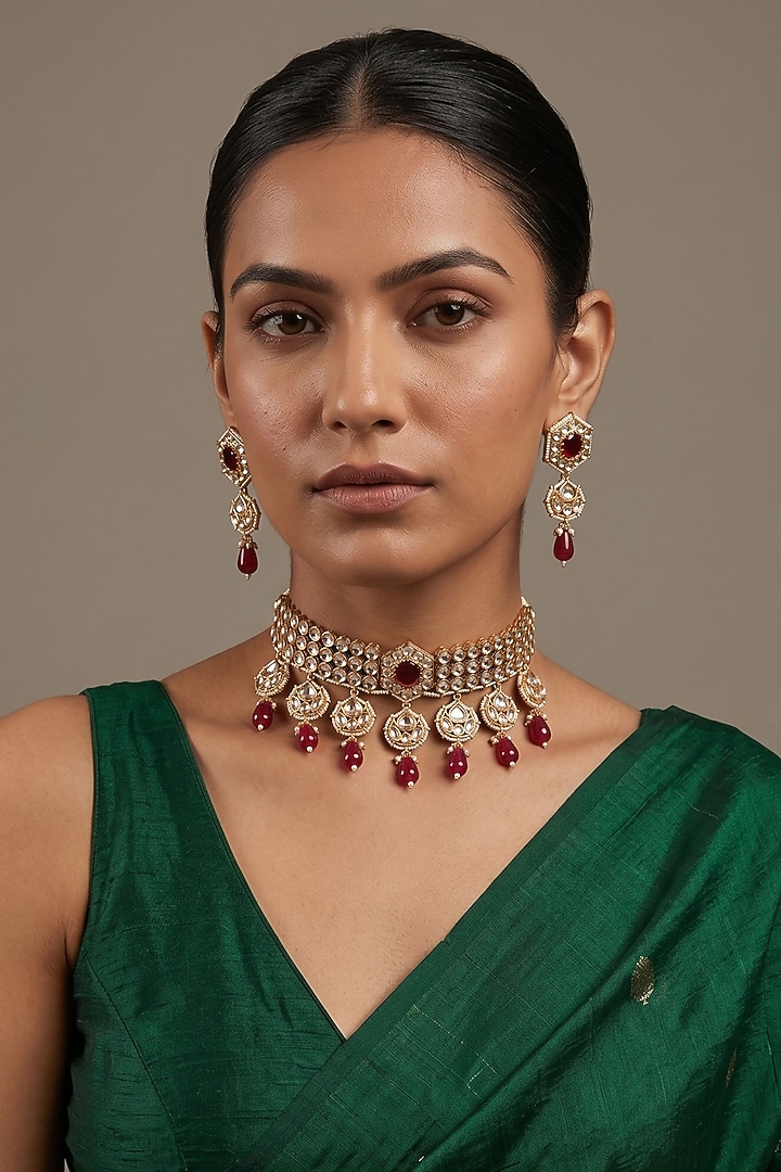 Gold Finish Kundan Polki & Ruby Stone Choker Necklace Set by Gehna Shop at Pernia's Pop Up Shop