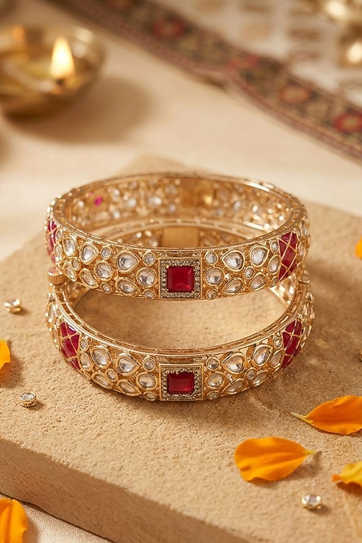 Gold Finish Kundan Polki & Red Stone Bangles (Set Of 2) by Gehna Shop at Pernia's Pop Up Shop